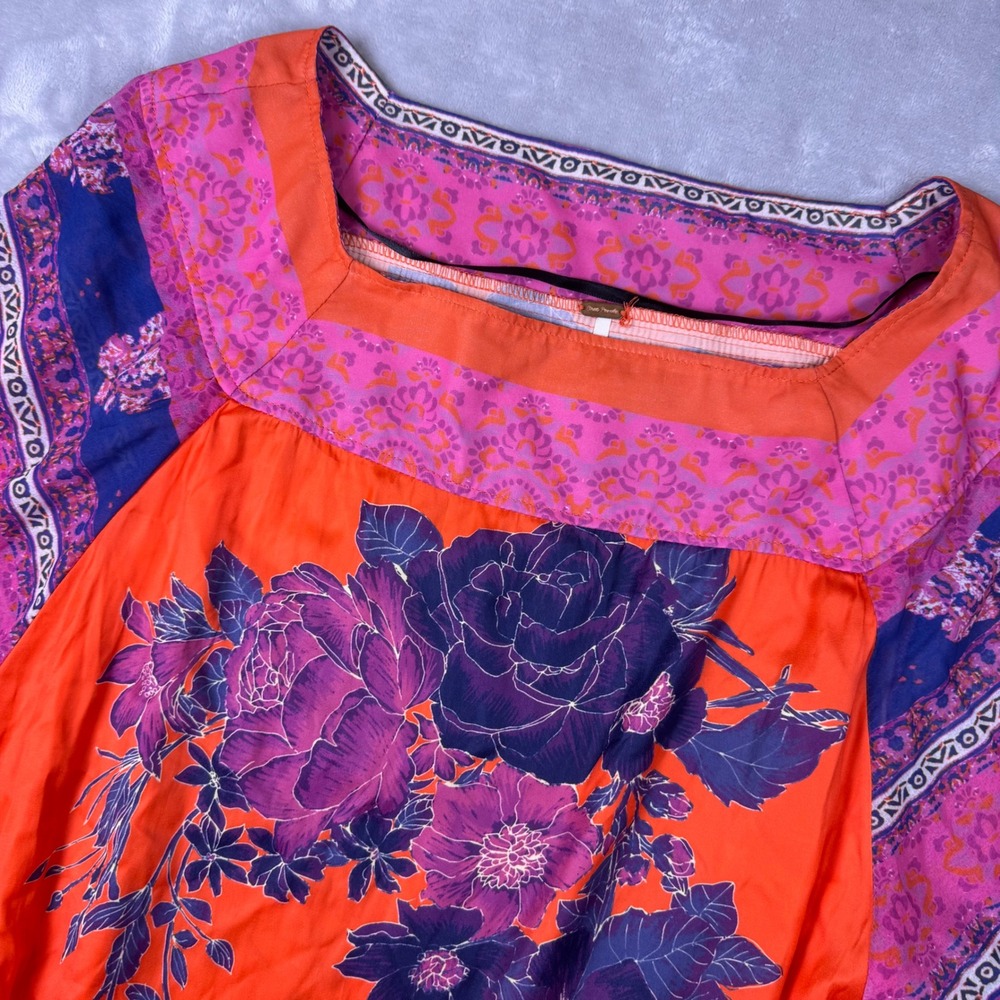 Free People‎ Floral Tunic Top Orange Purple Square Neck Mixed Print Boho Womens